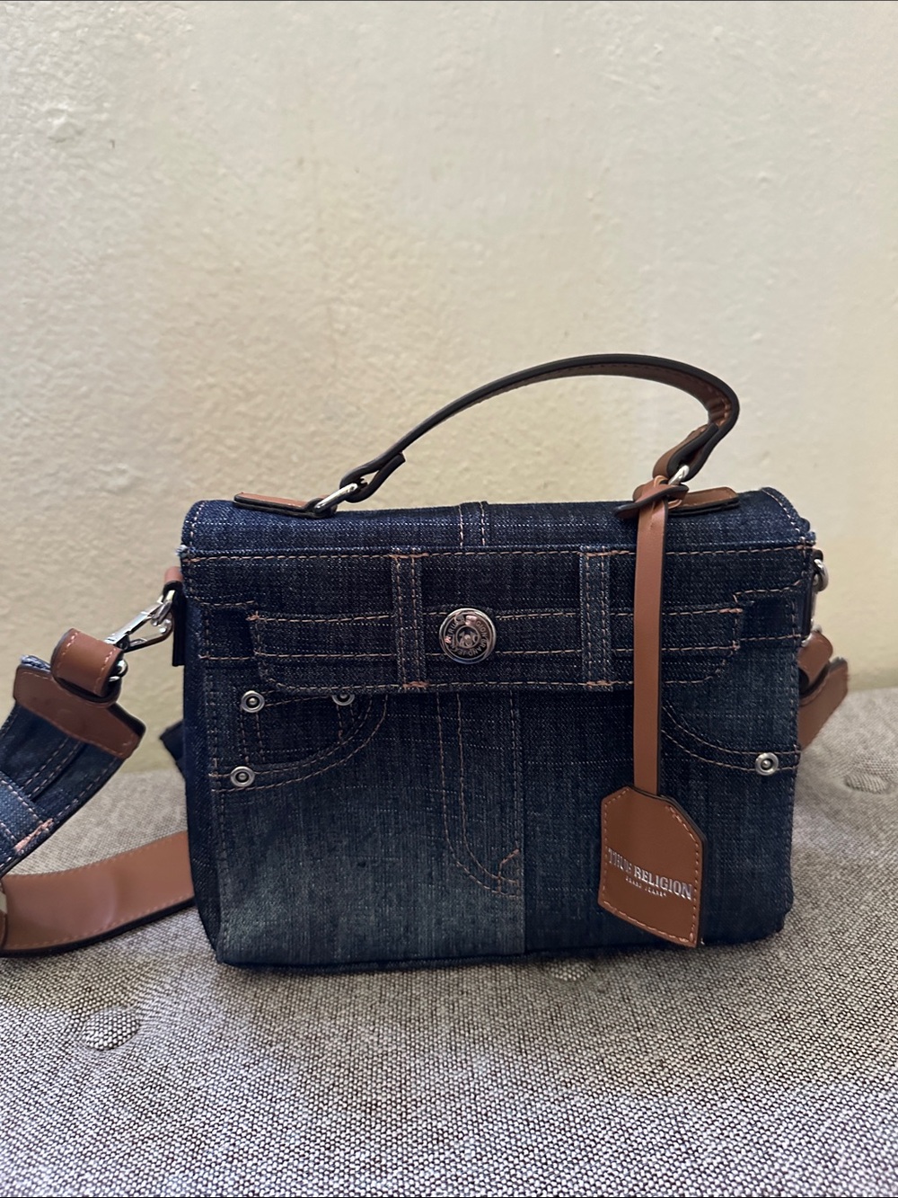 True Religion Dark Blue Denim Crossbody with Brown Leather Accents